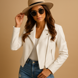 Casual women's blazer with zipper closure and long sleeves.