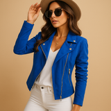 Casual women's blazer with zipper closure and long sleeves.