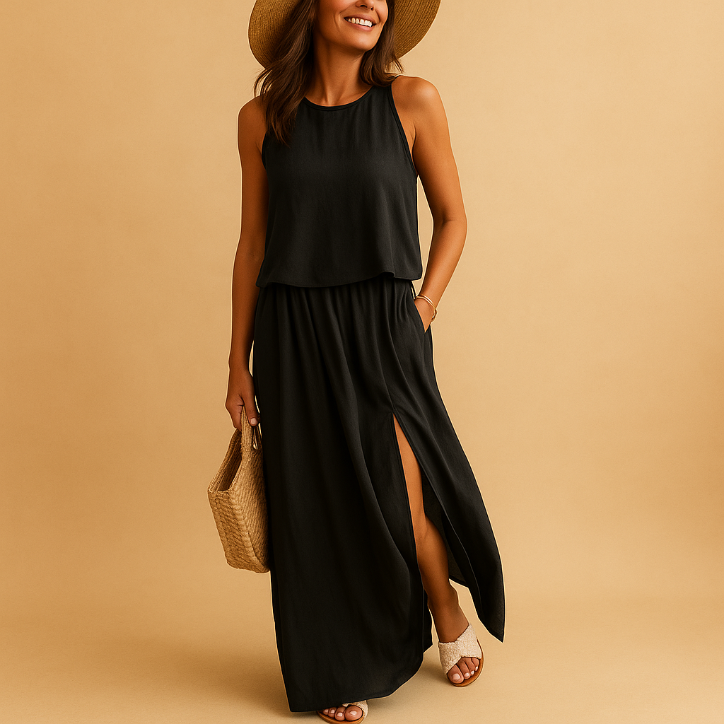 Loose-fitting summer dress with short sleeves for women.
