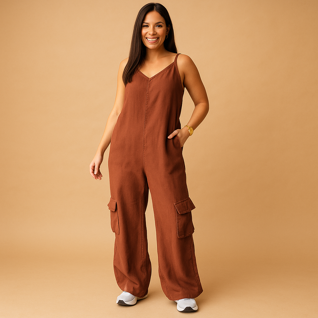 Denim jumpsuit with V-neck and open back for women.