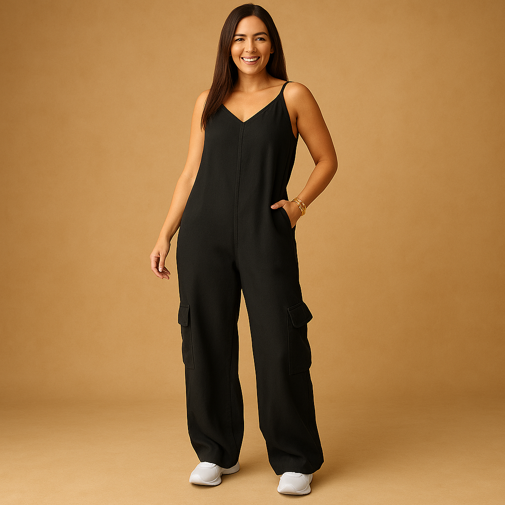 Denim jumpsuit with V-neck and open back for women.