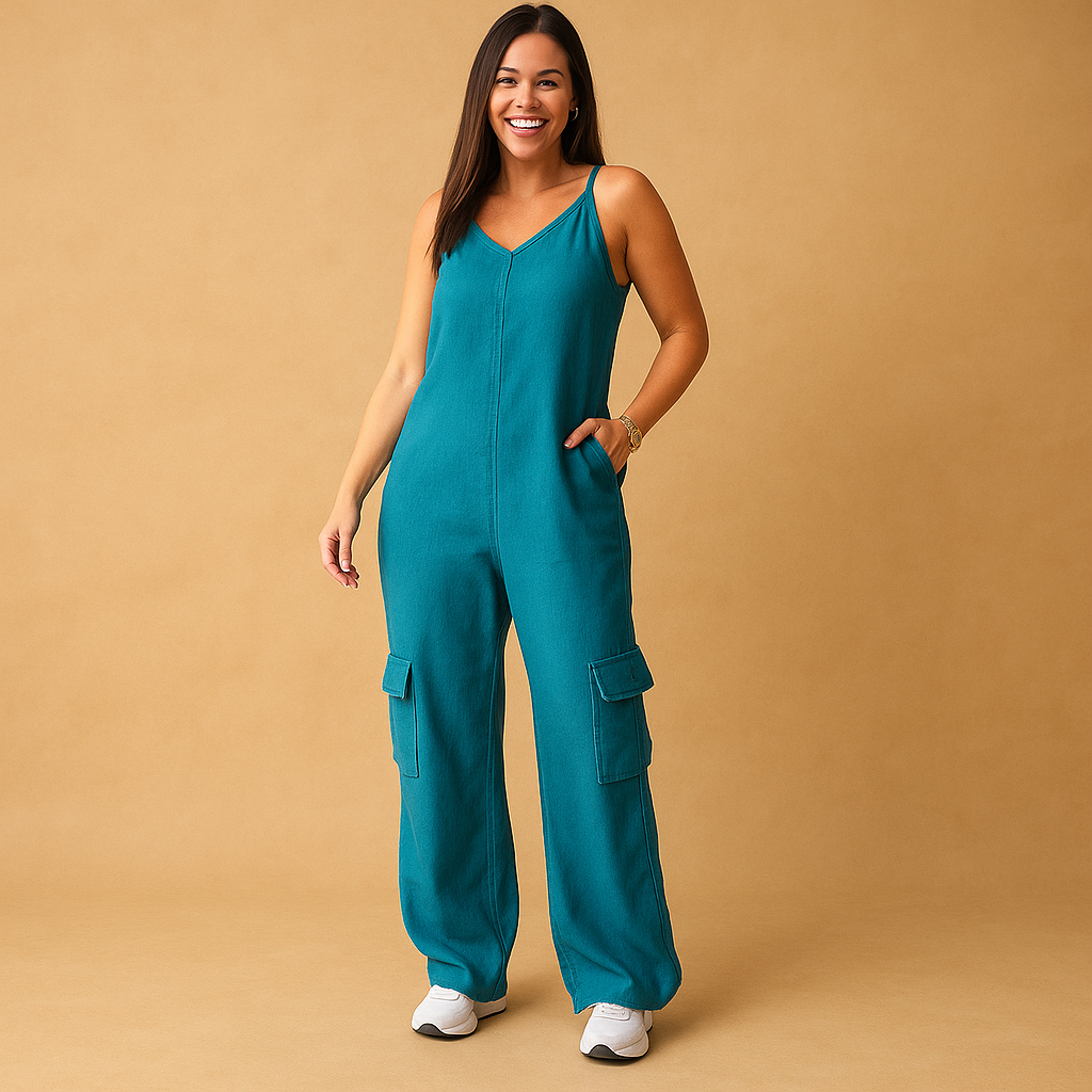 Denim jumpsuit with V-neck and open back for women.