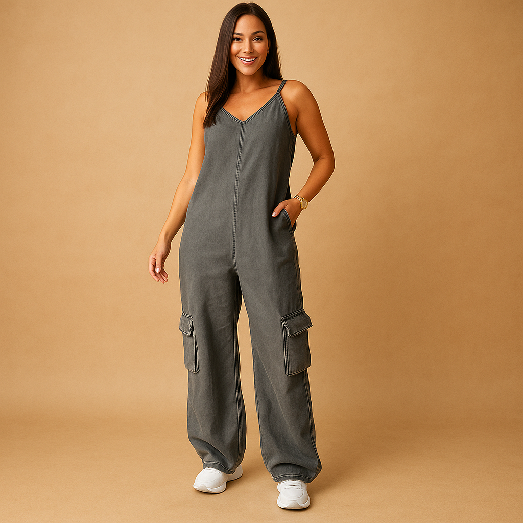 Denim jumpsuit with V-neck and open back for women.