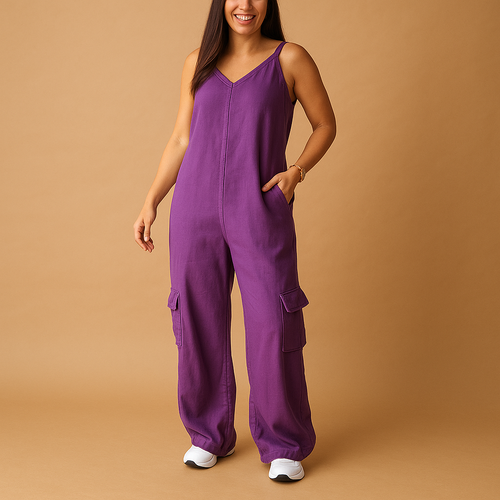 Denim jumpsuit with V-neck and open back for women.