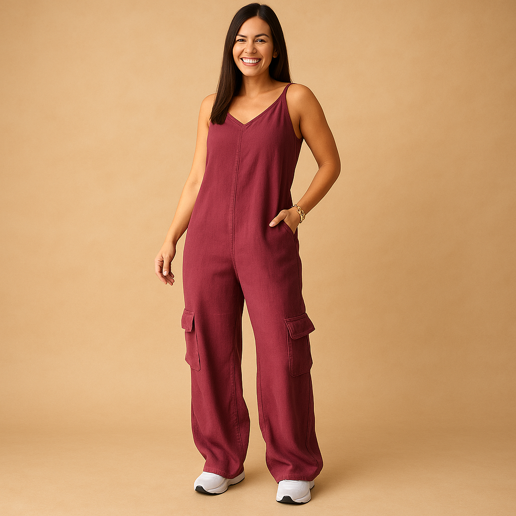 Denim jumpsuit with V-neck and open back for women.