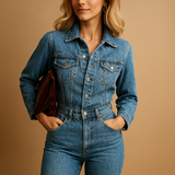 Blue denim jumpsuit for women with straight legs and long sleeves.