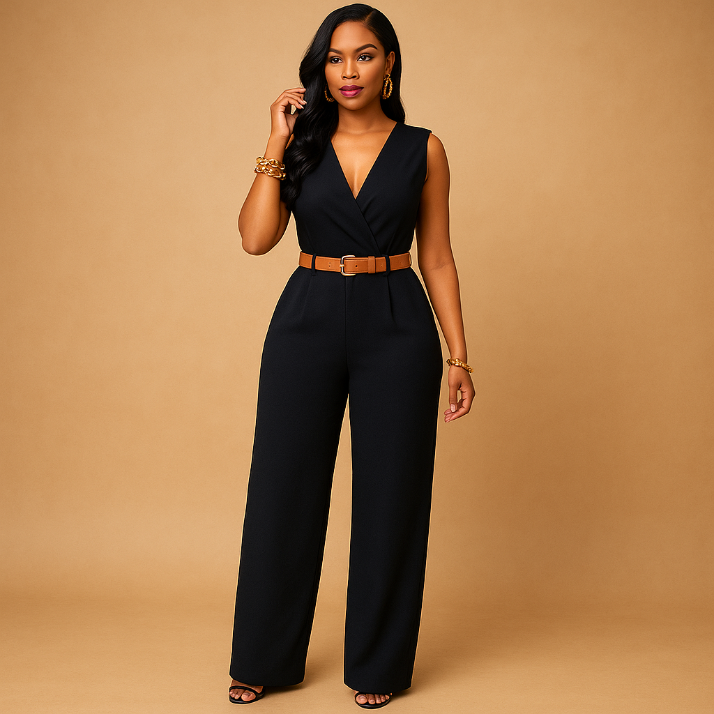 Deep V-neck jumpsuit with high waist for women.