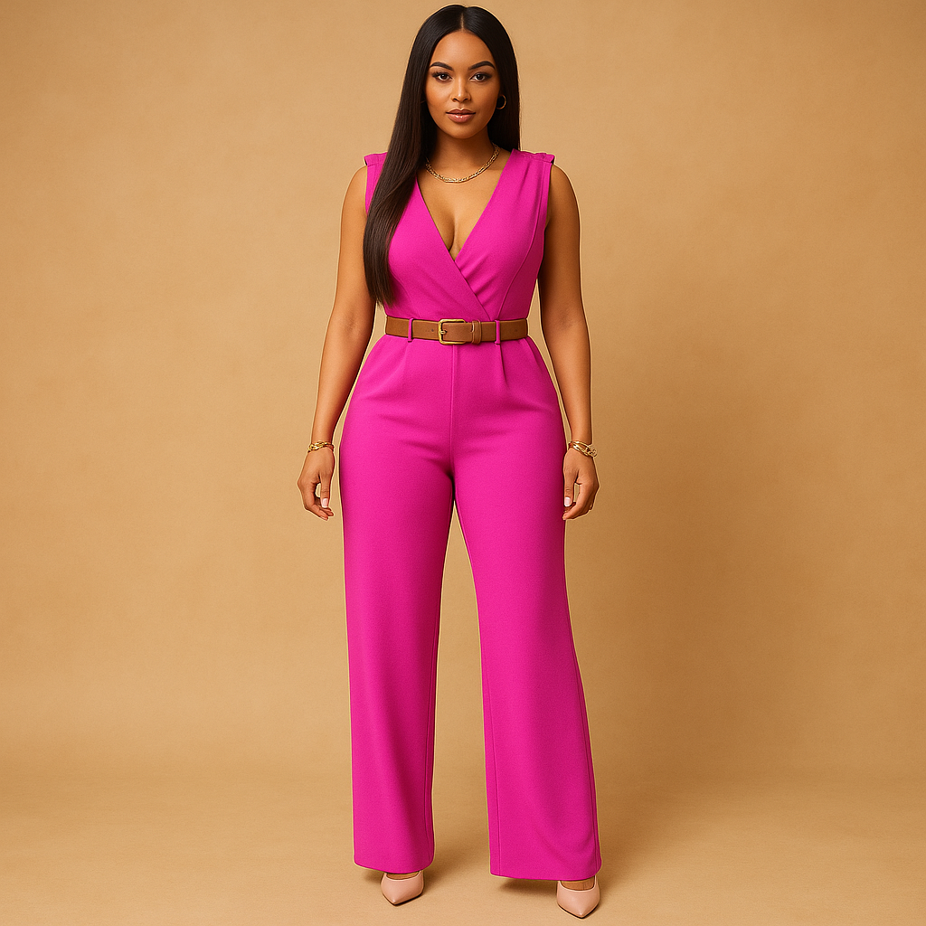 Deep V-neck jumpsuit with high waist for women.
