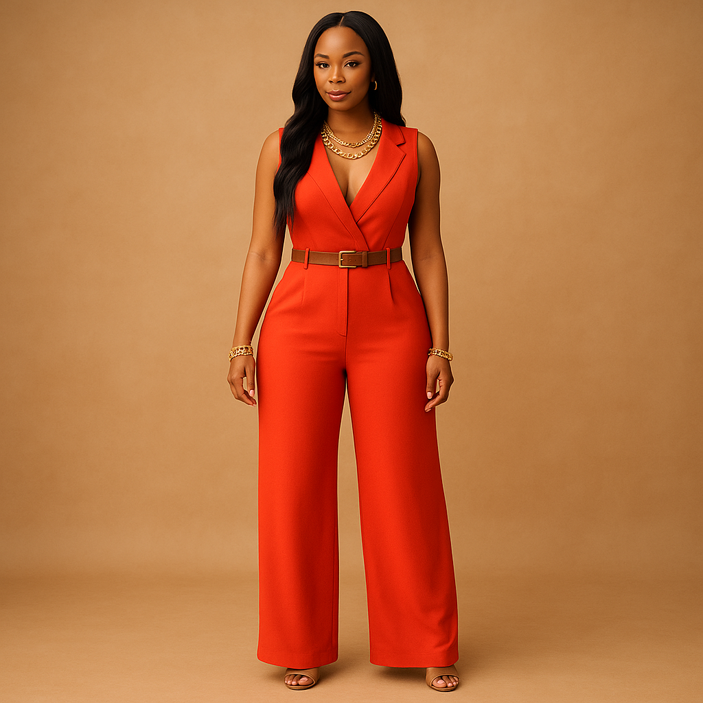 Deep V-neck jumpsuit with high waist for women.