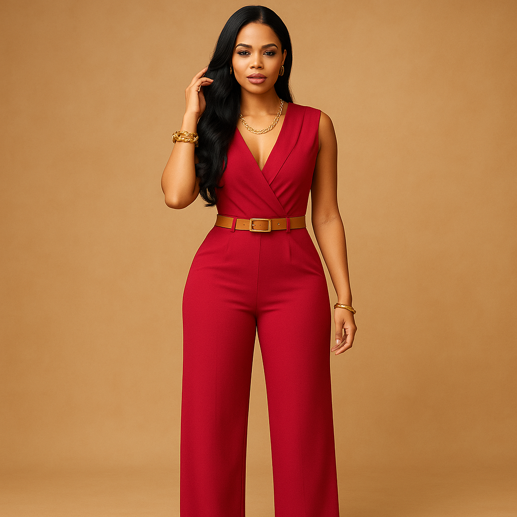 Deep V-neck jumpsuit with high waist for women.