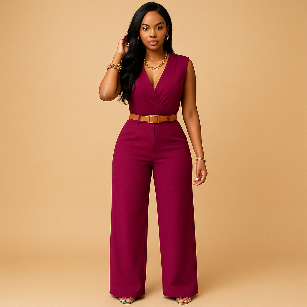 Deep V-neck jumpsuit with high waist for women.