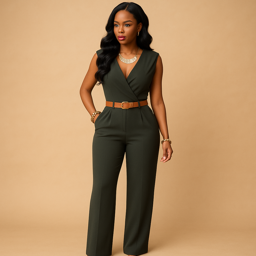 Deep V-neck jumpsuit with high waist for women.