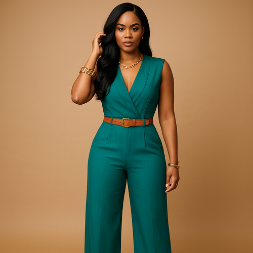 Deep V-neck jumpsuit with high waist for women.