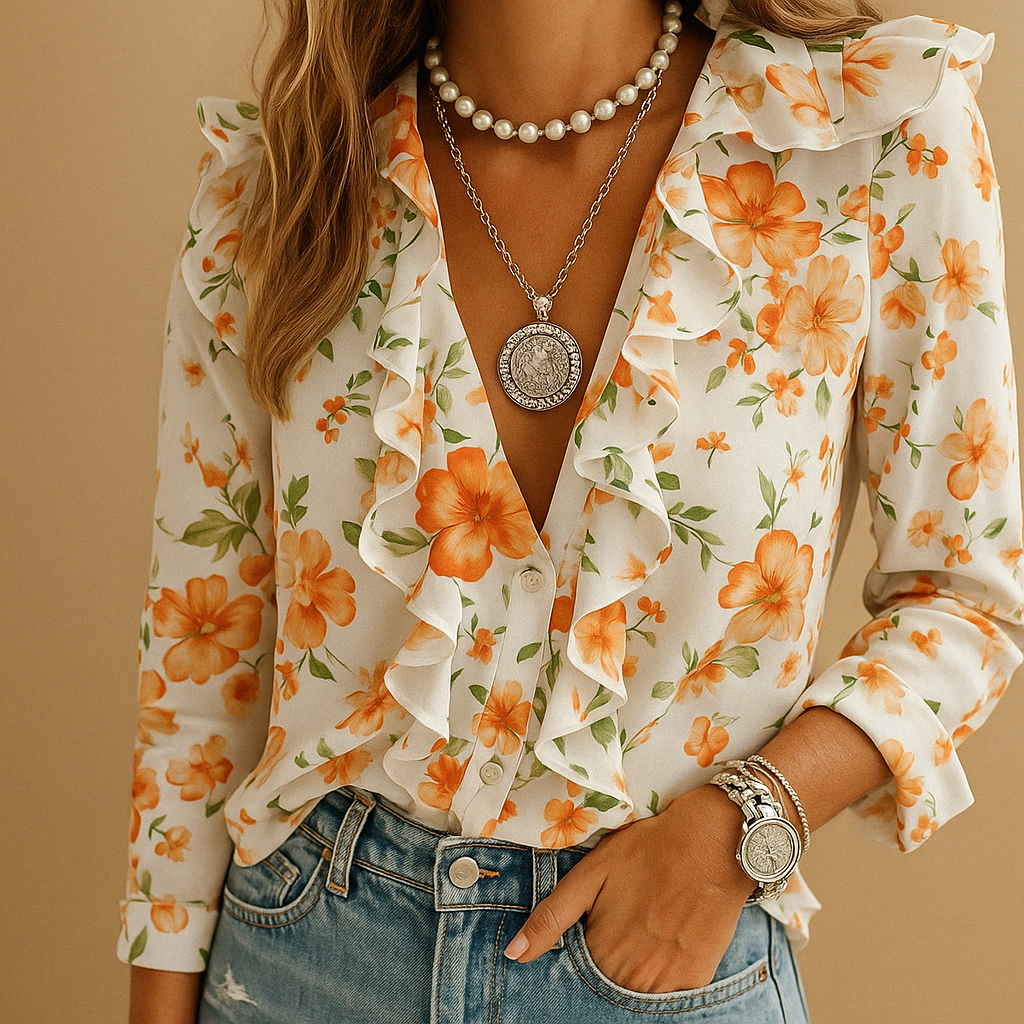 Women's ruffled blouse with airy print and long sleeves