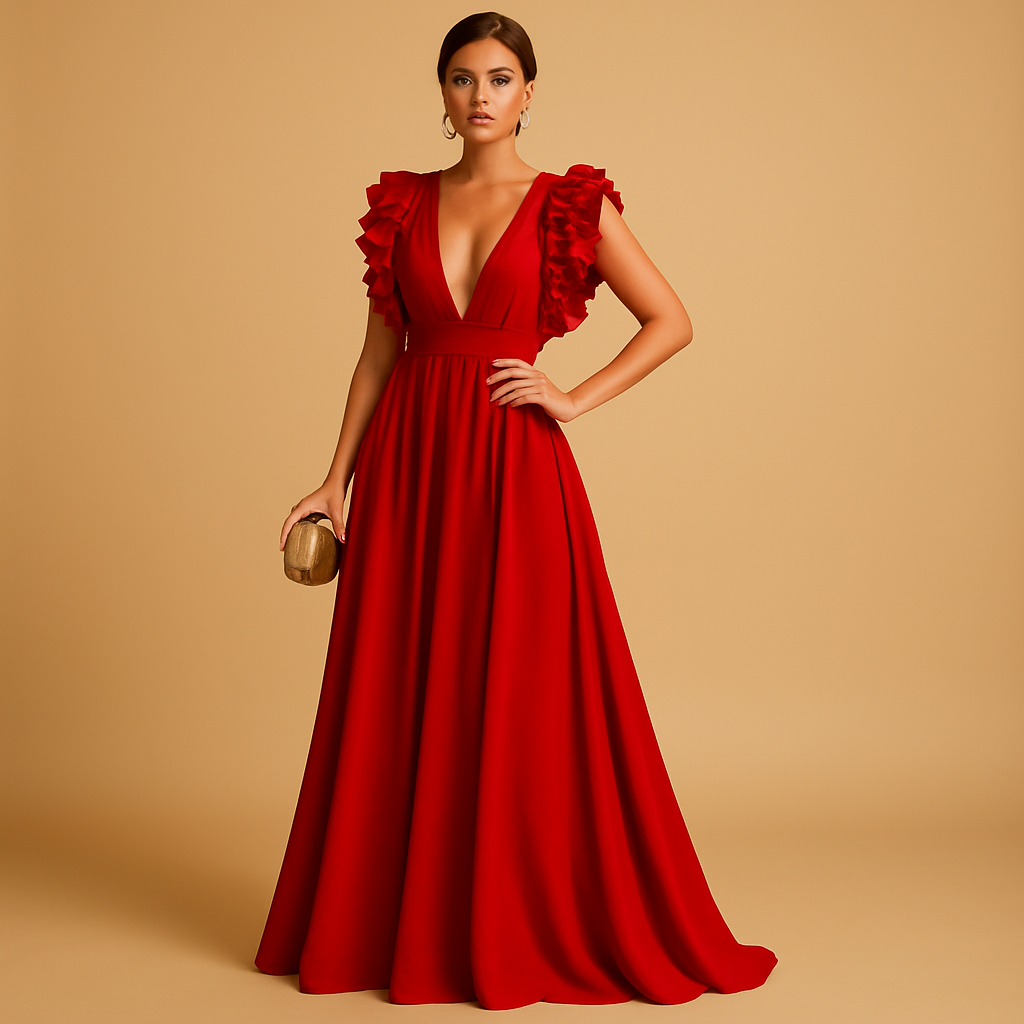 Elegant women's dress with ruffles and long sleeves.