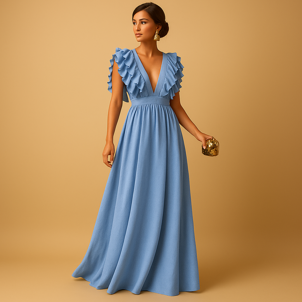 Elegant women's dress with ruffles and long sleeves.