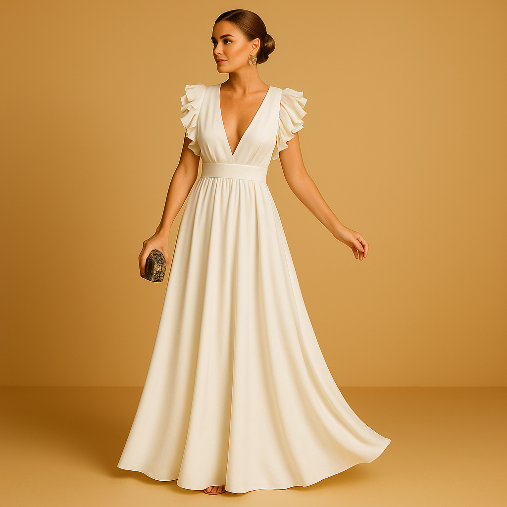 Elegant women's dress with ruffles and long sleeves.