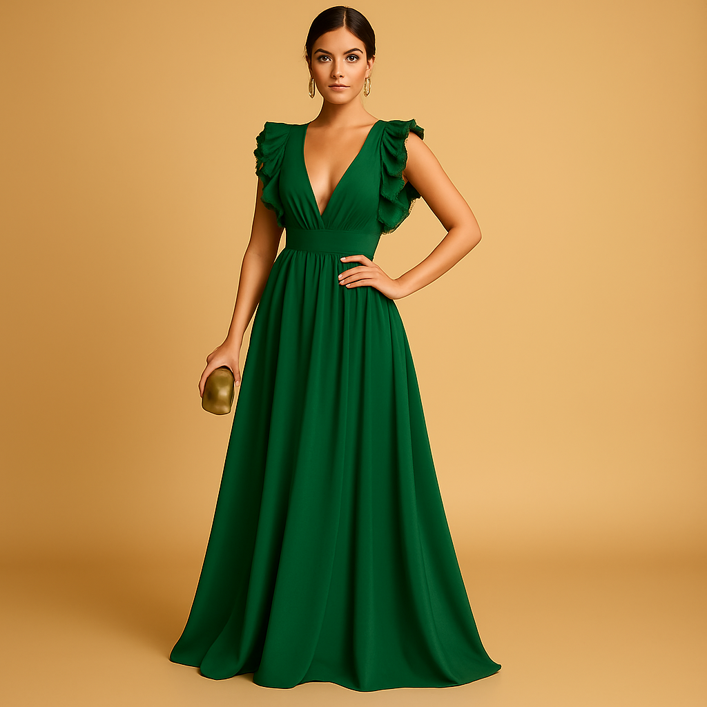 Elegant women's dress with ruffles and long sleeves.