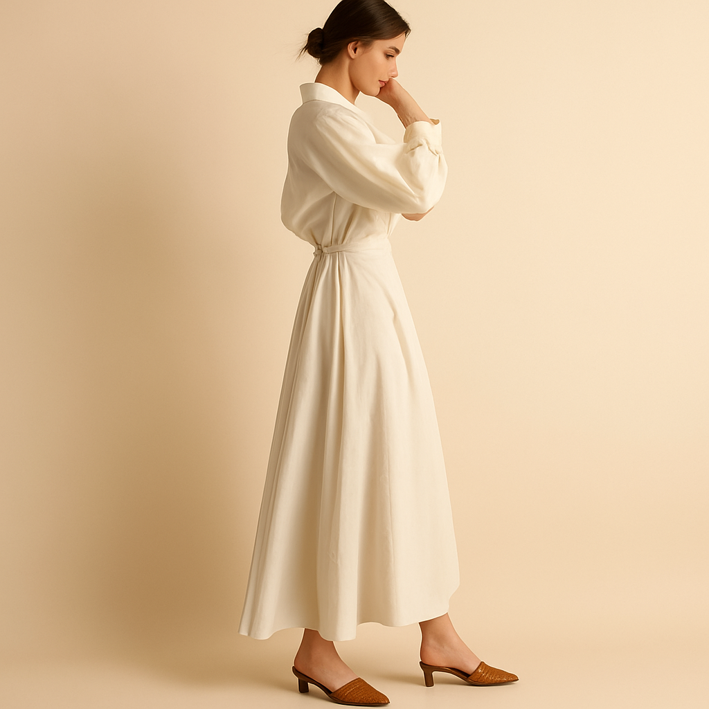 Elegant maxi dress for women with long sleeves and V-neck.