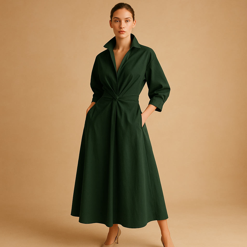 Elegant maxi dress for women with long sleeves and V-neck.