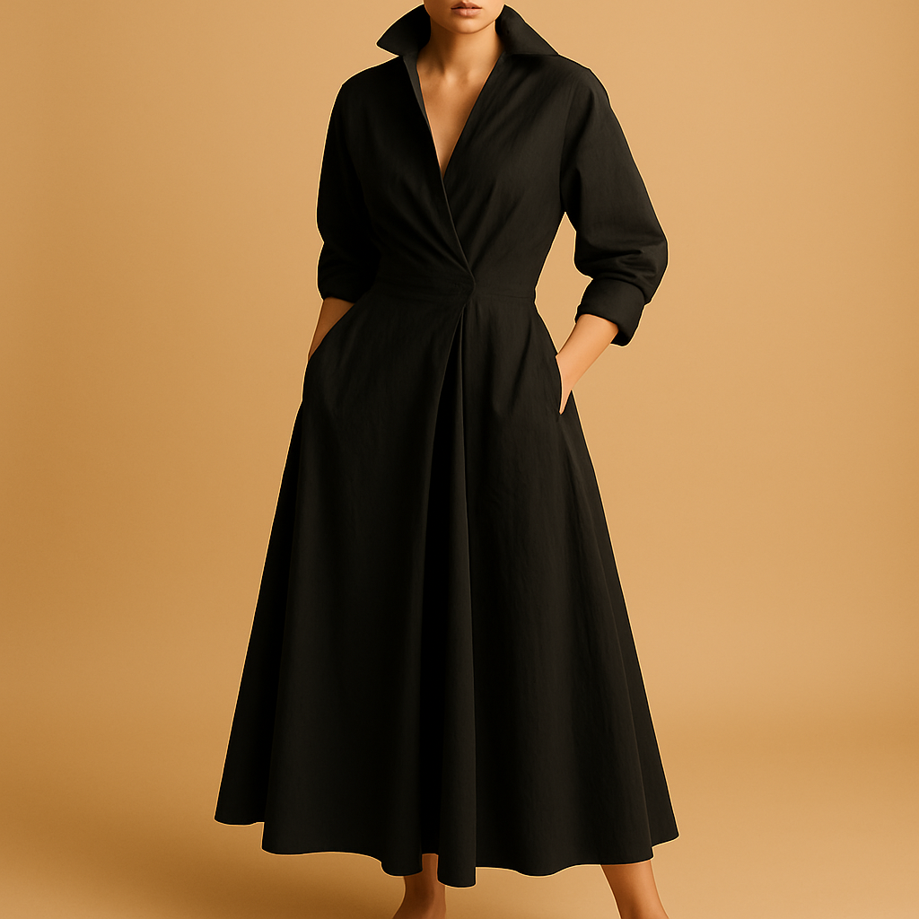 Elegant maxi dress for women with long sleeves and V-neck.