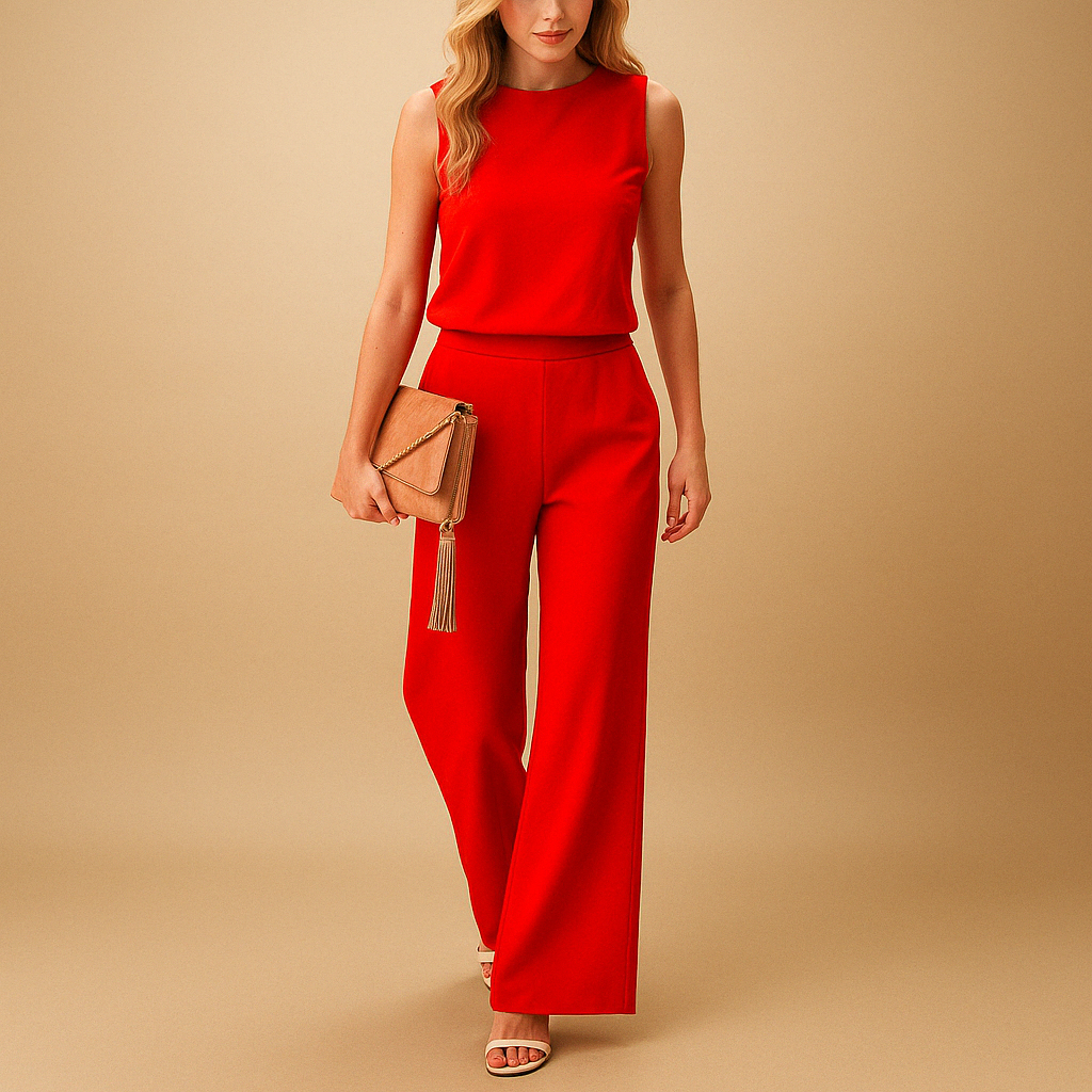 Elegant women's jumpsuit with round neck and wide legs.