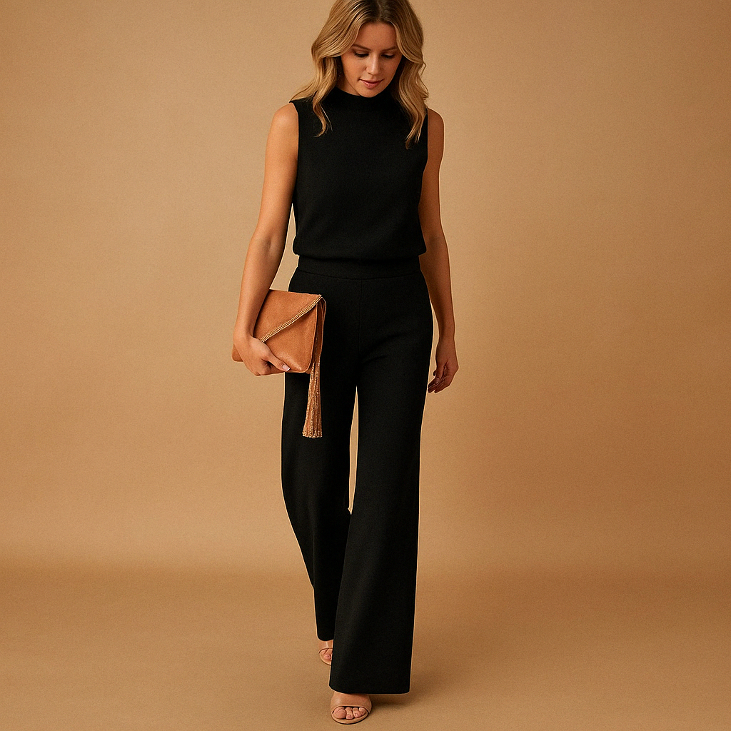 Elegant women's jumpsuit with round neck and wide legs.