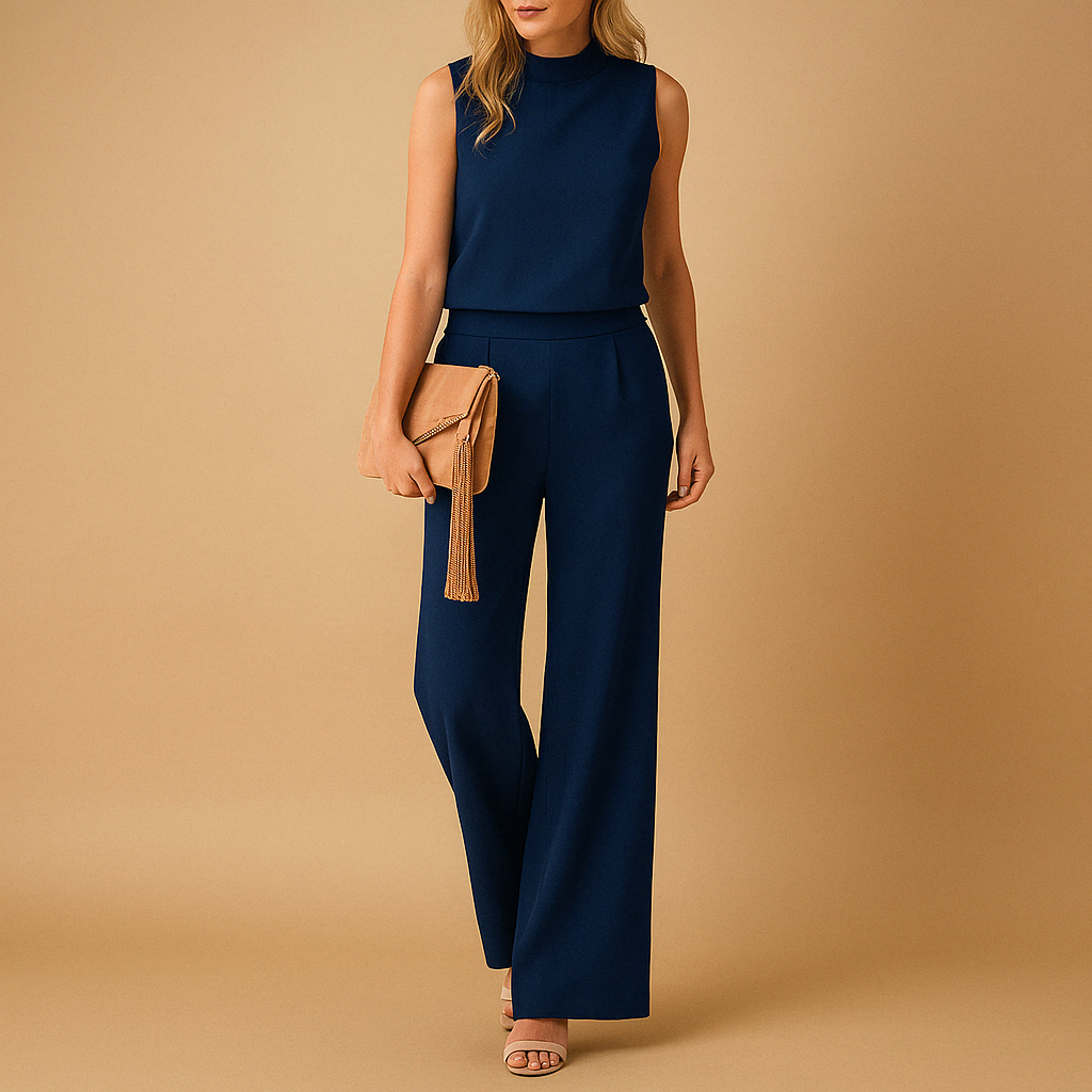 Elegant women's jumpsuit with round neck and wide legs.