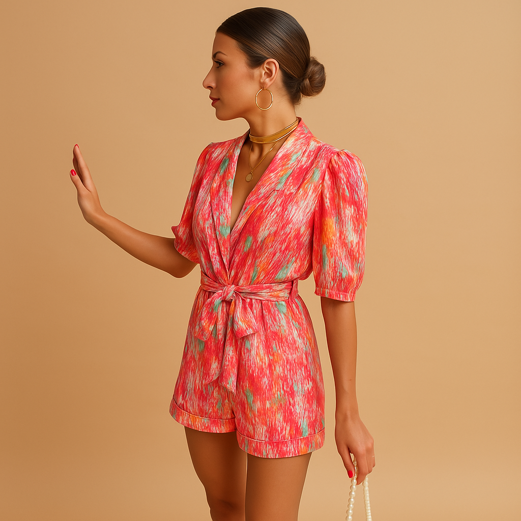Short jumpsuit for women with belt and flattering fit.