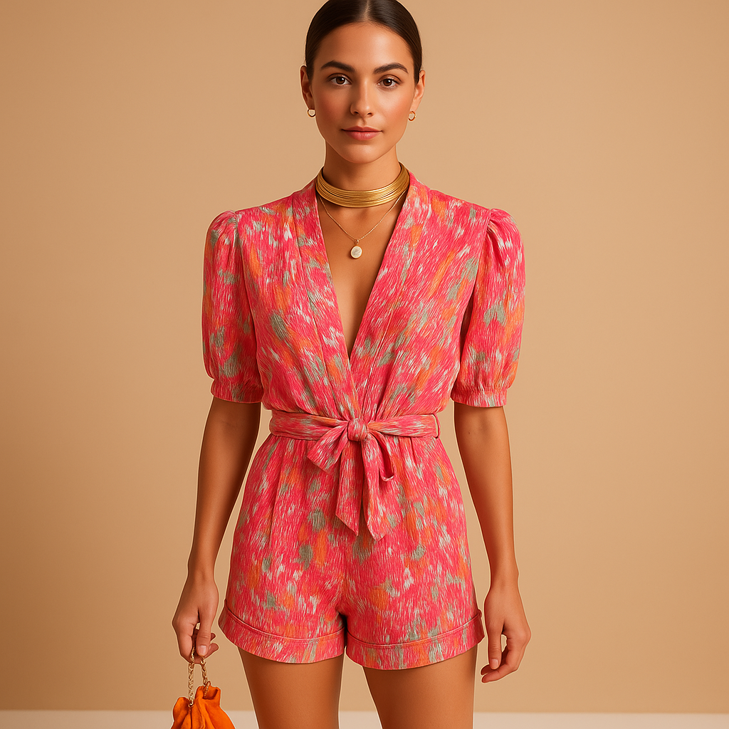 Short jumpsuit for women with belt and flattering fit.
