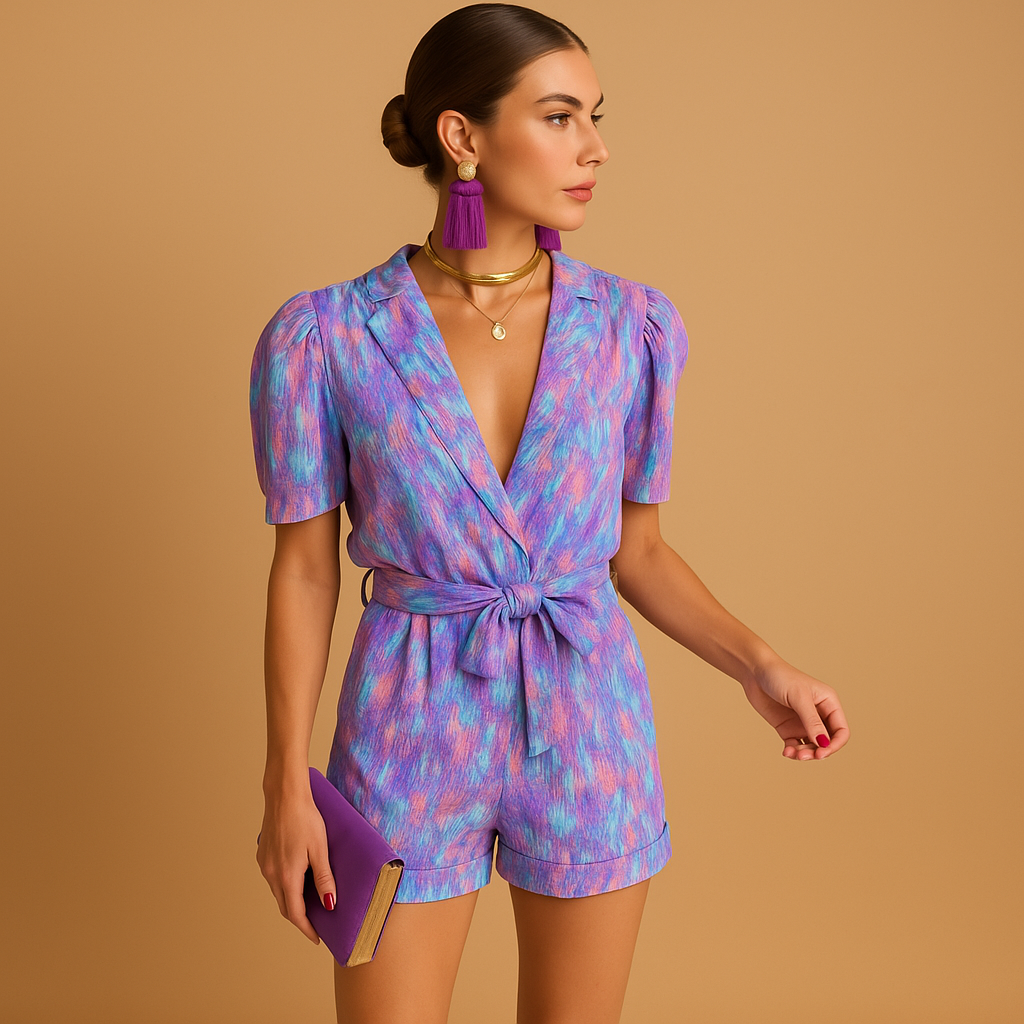 Short jumpsuit for women with belt and flattering fit.