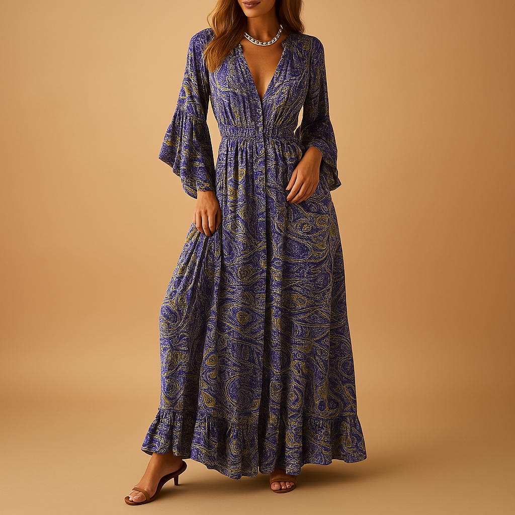 Long boho dress with elegant fit for women.