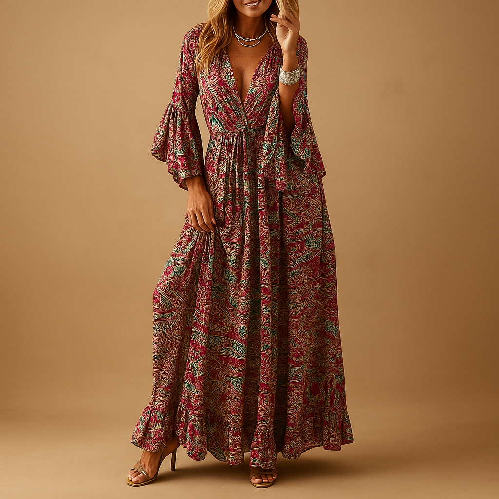 Long boho dress with elegant fit for women.