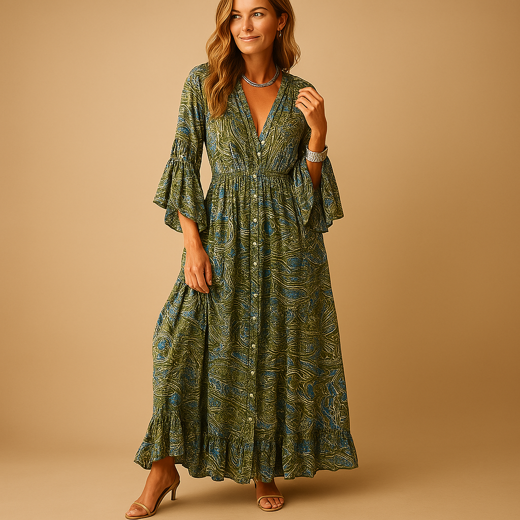 Long boho dress with elegant fit for women.