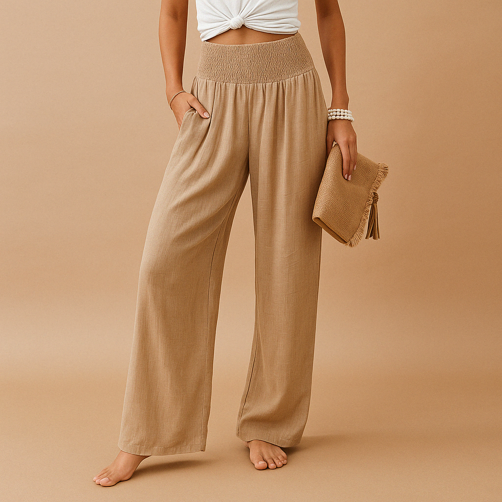 Lightweight women's pants with straight legs and elastic waistband