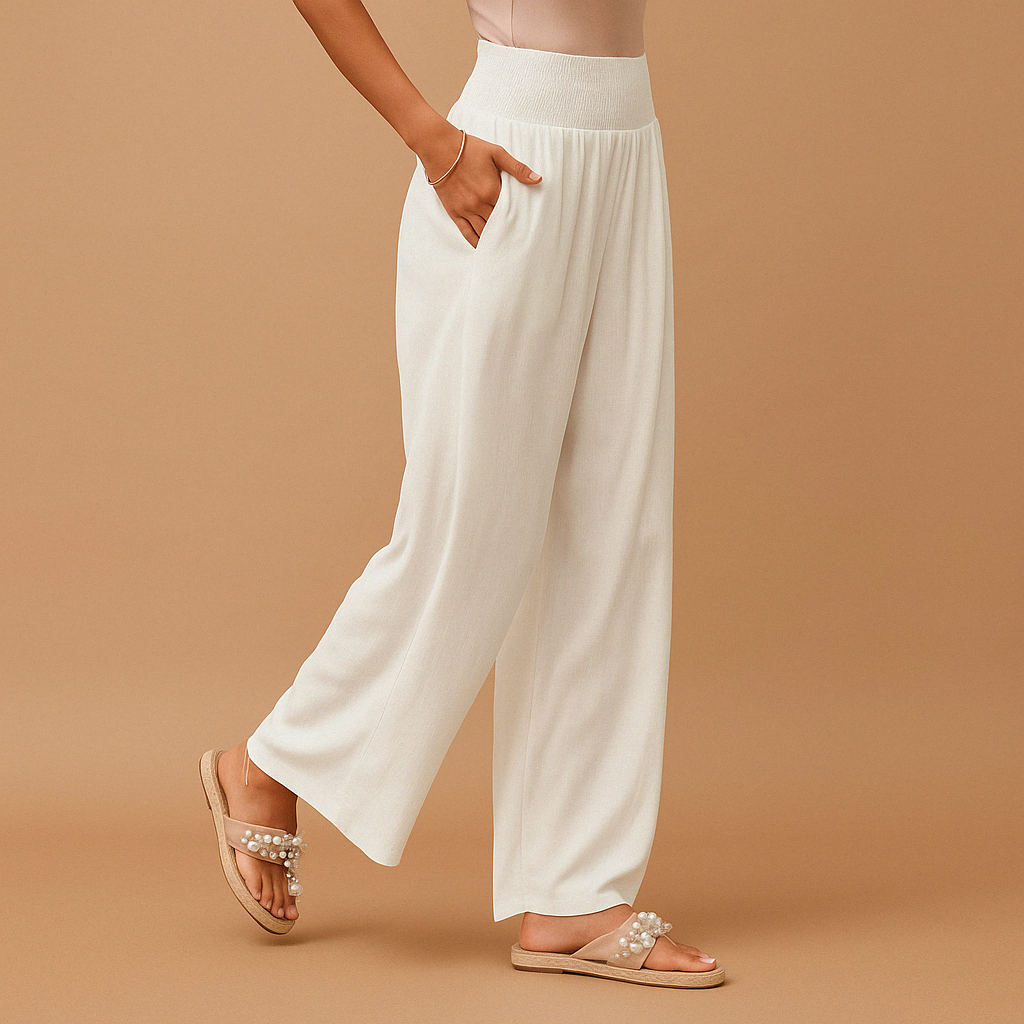 Lightweight women's pants with straight legs and elastic waistband