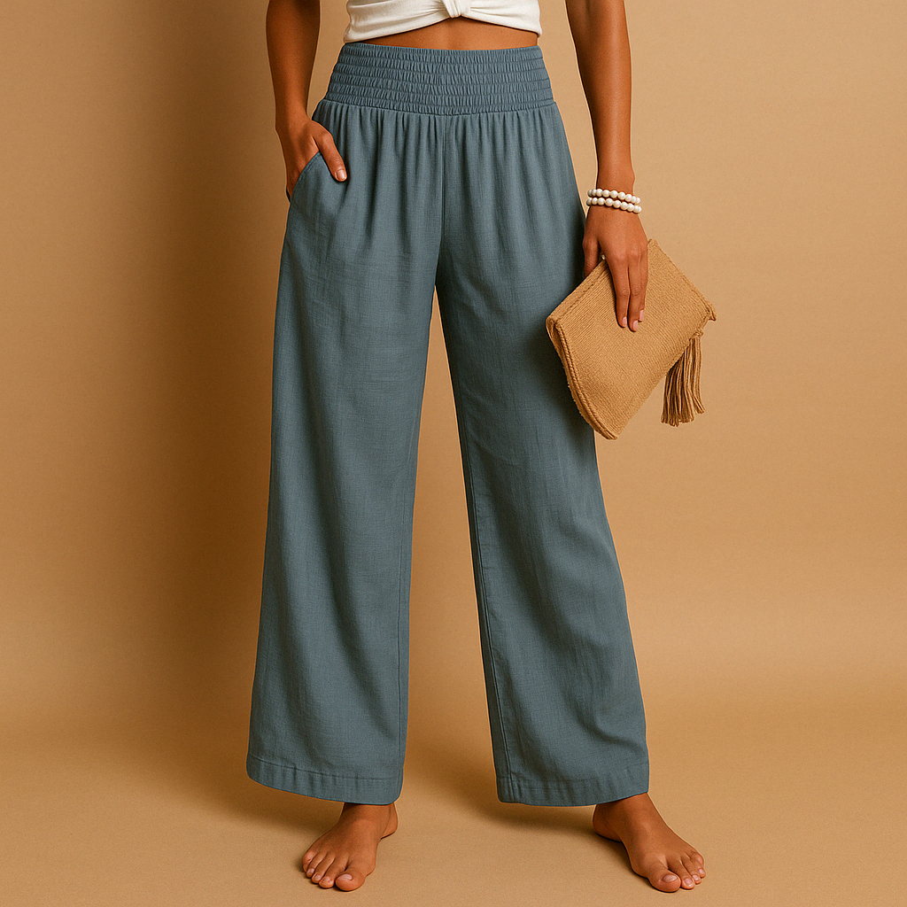 Lightweight women's pants with straight legs and elastic waistband