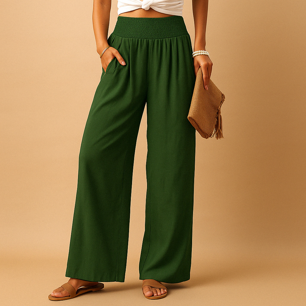Lightweight women's pants with straight legs and elastic waistband