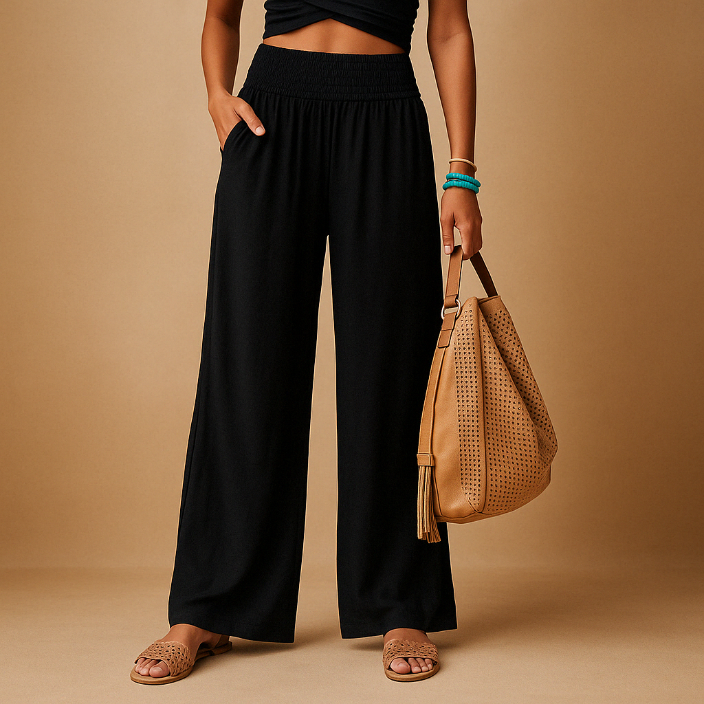 Lightweight women's pants with straight legs and elastic waistband