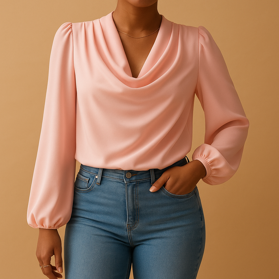 Lightweight chiffon blouse with V-neck and puff sleeves for women