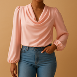 Lightweight chiffon blouse with V-neck and puff sleeves for women