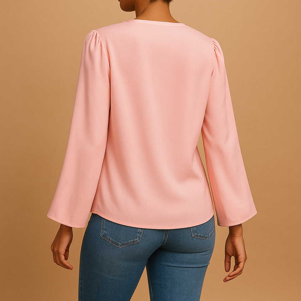 Lightweight chiffon blouse with V-neck and puff sleeves for women