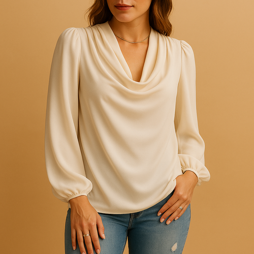 Lightweight chiffon blouse with V-neck and puff sleeves for women