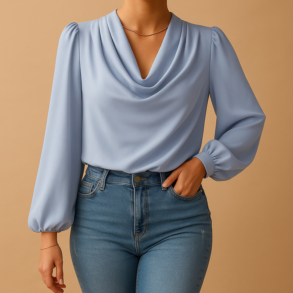 Lightweight chiffon blouse with V-neck and puff sleeves for women