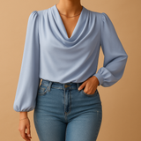 Lightweight chiffon blouse with V-neck and puff sleeves for women