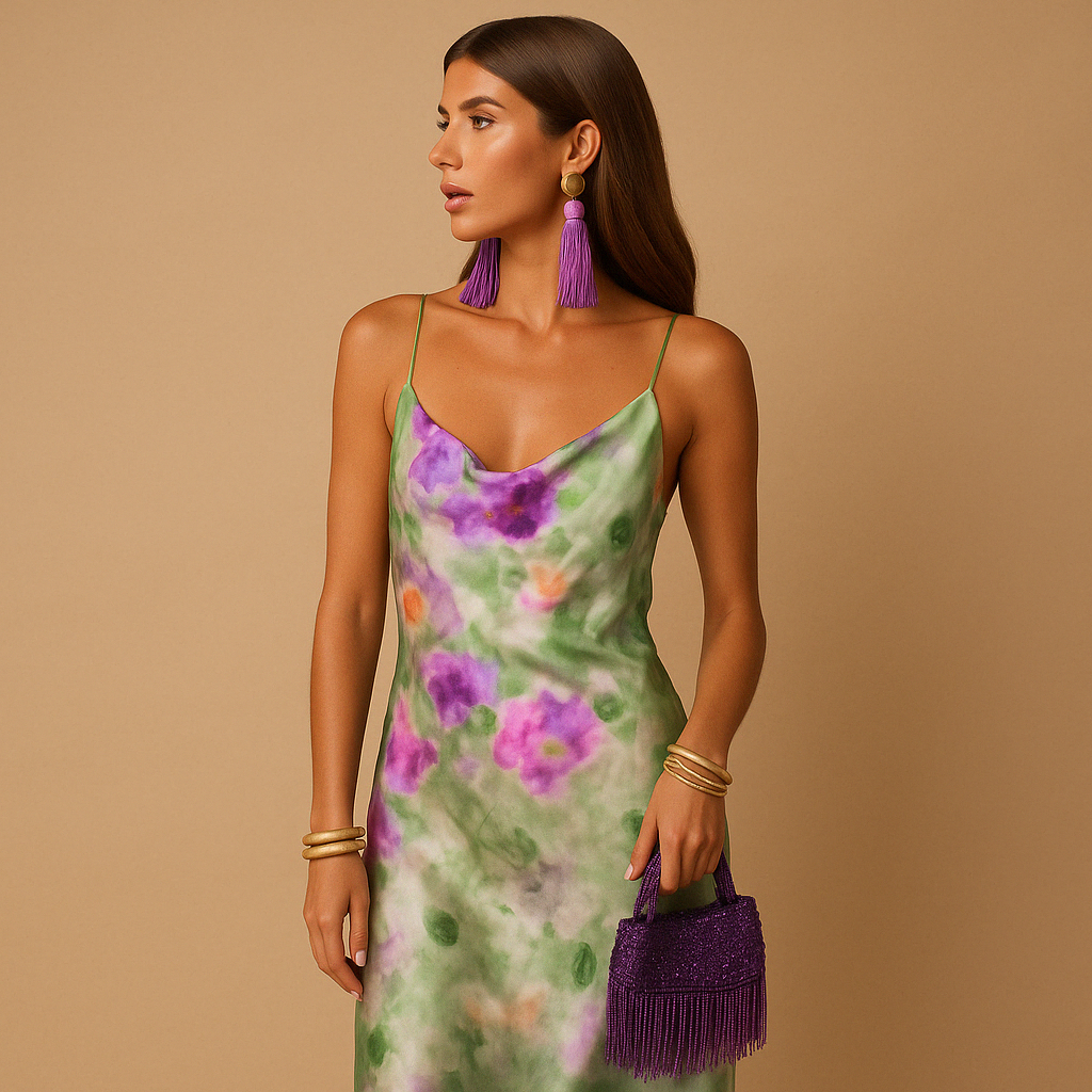 Painted maxi dress with deep V-neck for women.