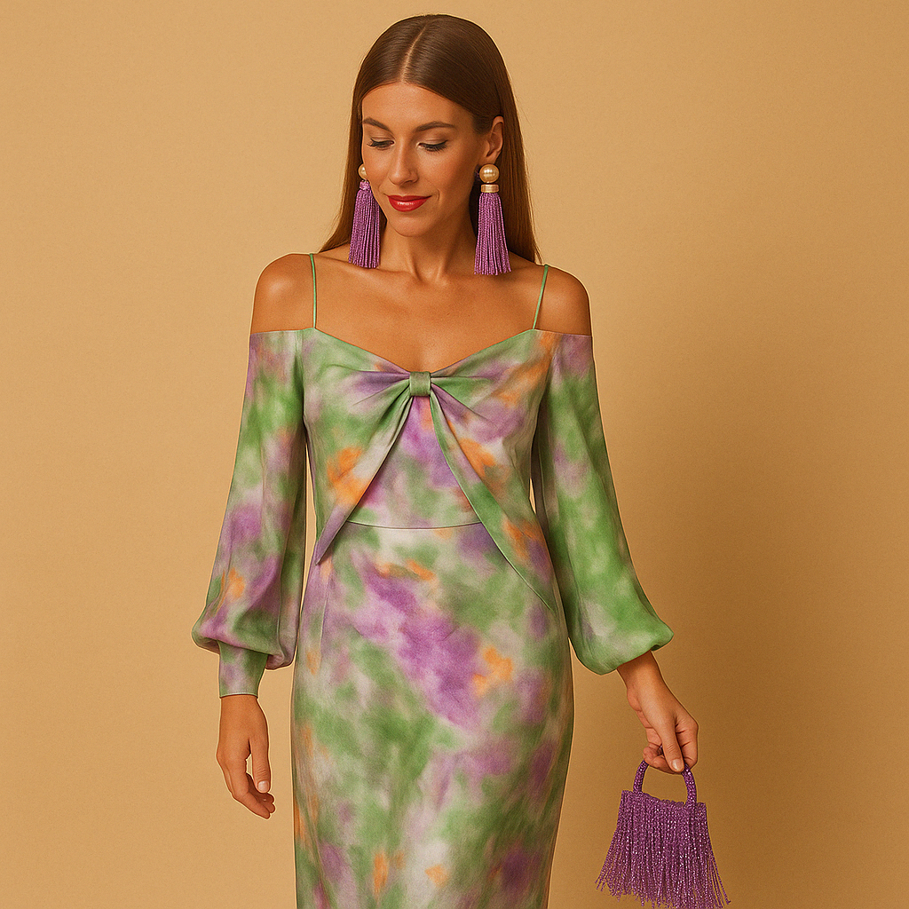 Painted maxi dress with deep V-neck for women.