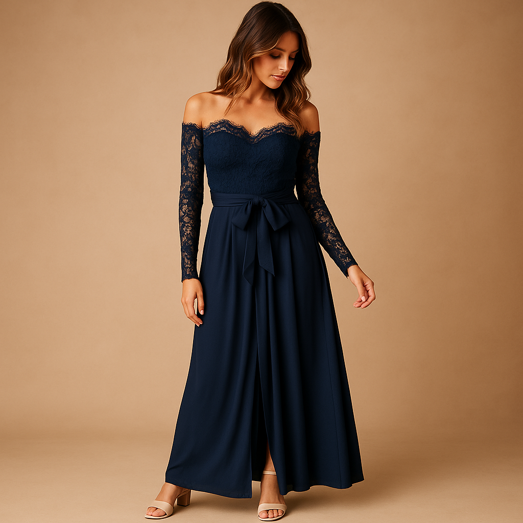 Off-shoulder lace jumpsuit with slit for women.