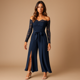Off-shoulder lace jumpsuit with slit for women.