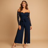 Off-shoulder lace jumpsuit with slit for women.